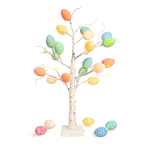 Easter Decorations kemooie 24 inch Pre-lit White Birch Tree with 24pcs Easter Egg Ornaments, 24 Led Lights Battery Operated Table Centerpiece for Party Birthday Home Spring Decoration Indoor Use