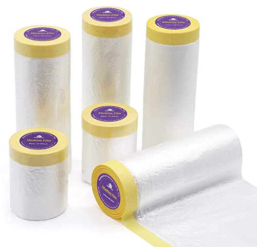 BOMEI PACK 6Rolls Pre-Taped Masking Film, Tape and Drape for Automotive Painting Covering, 3 Multi Size x 66Feet/ Roll