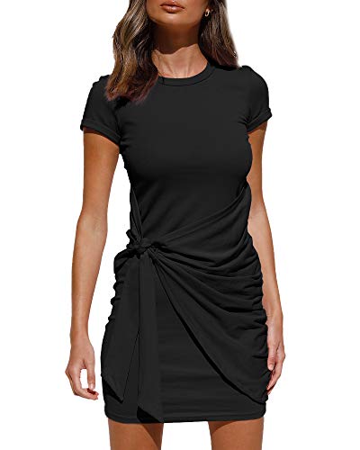 LILLUSORY Women's Short T Shirt Tshirt Dresses 2024 Casual Party Cotton Mini Bodycon Sexy uched Tie Waist Wrap Dress Black