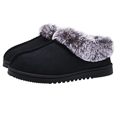 UBXRIN Womens Fuzzy Memory Foam Slippers Boots Cozy Faux Fur House Shoes Indoor Outdoor Rubber Sole Anti-Skid,Black US7-8