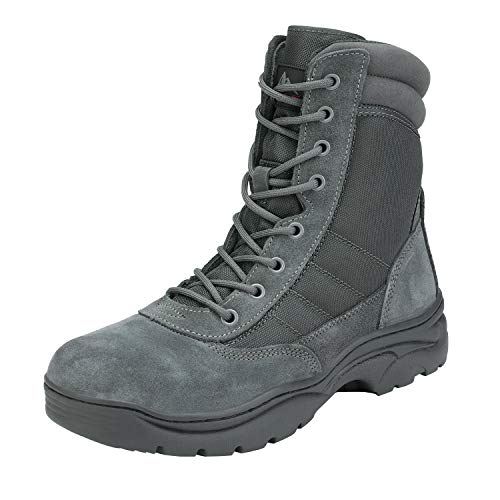 NORTIV 8 Mens Military Tactical Work Boots Side Zipper Leather Outdoor 8 Inches Motorcycle Combat Boots Size 10 M US Trooper, Dark Grey-8 Inches