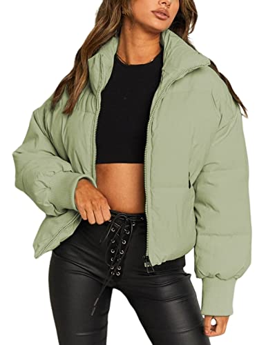 UANEO Puffer Jacket Womens Oversized Cropped Puffy Quilted Winter Jackets Coat (Green-S)