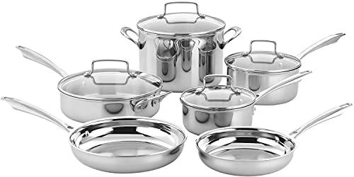 Cuisinart Classic Pots & Pans Set, 10 pcs Cookware Set with Saucepans, Saute pans, & Skillets- Tapered Rims for Drip Free Pouring & Cool Grip Handles, Stainless Steel, TPS-10