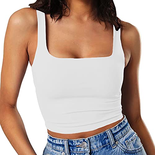 Artfish Women's Sleeveless Strappy Seamless Crop Tank Tops Square Neck Workout Fitness Basic Cropped Camis White, M