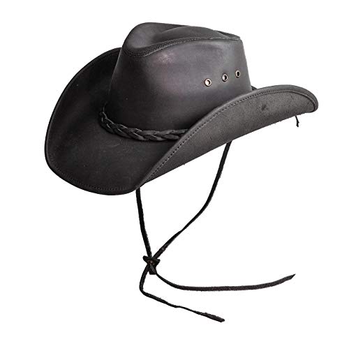 American Hat Makers Hollywood Leather Cowboy Hat for Men & Women — 100% Handcrafted Fine Leather Hat — Breathable Black Cowboy Hat