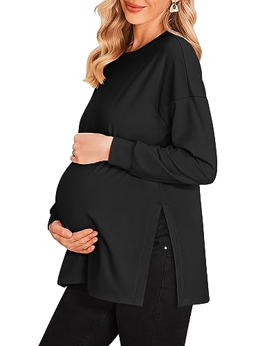 Ekouaer Women's Maternity T-Shirt Split Side Pregnancy T Shirts Long Sleeve New Mom Clothes Black S