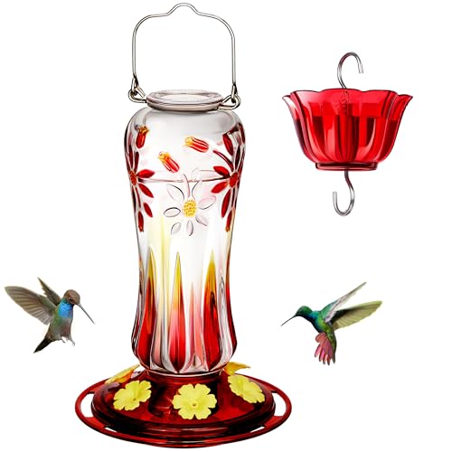 Kingsyard Hummingbird Feeder for Outdoors Hanging, 25 Ounces, Glass Humming Bird Nectar Feeder with Ant Moat & 5 Feeding Ports, Leak Proof, Red