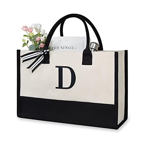 TOPDesign Embroidery Initial Canvas Tote Bag, Personalized Present Bag, Suitable for Wedding, Birthday, Beach, Holiday, is a Great Gift for Women, Mom, Teachers, Friends, Bridesmaids (Letter D)