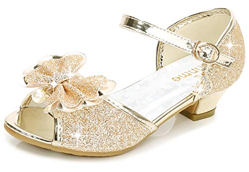 Osinnme Sandals for Girls Low Heel 2T Gold Toddler Wedding Dress Shoes Size 8 Princess Little Girls Cute(Gold 8)