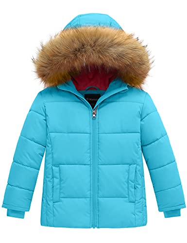 wantdo Girls' Warm Winter Coat Water Resistant Fleece Puffer Coat with fur Hood Sapphire Blue 10-12