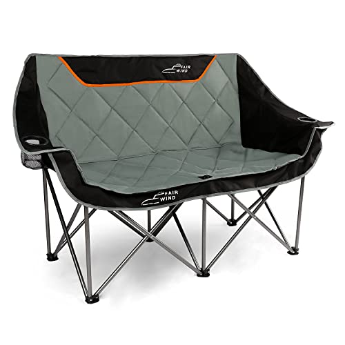 FAIR WIND Oversized Fully Padded Camping Chair Folding Loveseat Camping Couch Double Duo Chair Heavy Duty Quad Fold Chair Arm Chair with Cup Hold - Supports 650 LBS Black