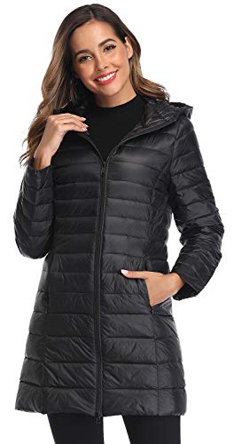 Obosoyo Women's Winter Packable Down Jacket Lightweight Long Down Outerwear Puffer Jacket Hooded Coat Black M
