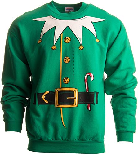 Santa's Elf Costume | Novelty Christmas Sweater, Holiday Crewneck Sweatshirt - (Crew,M) Green