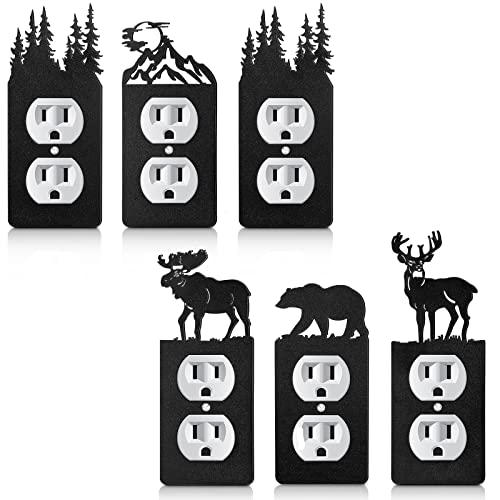 6 Pcs Metal Bear Light Switch Cover Moose Tree Mountain Elk Black Outlet Switch Plate Forest Outlet Cover Toggle Outlet Wall Plate Cover for Home Bedroom(Single Gang Socket, 6 Pcs, Single Gang Socket)