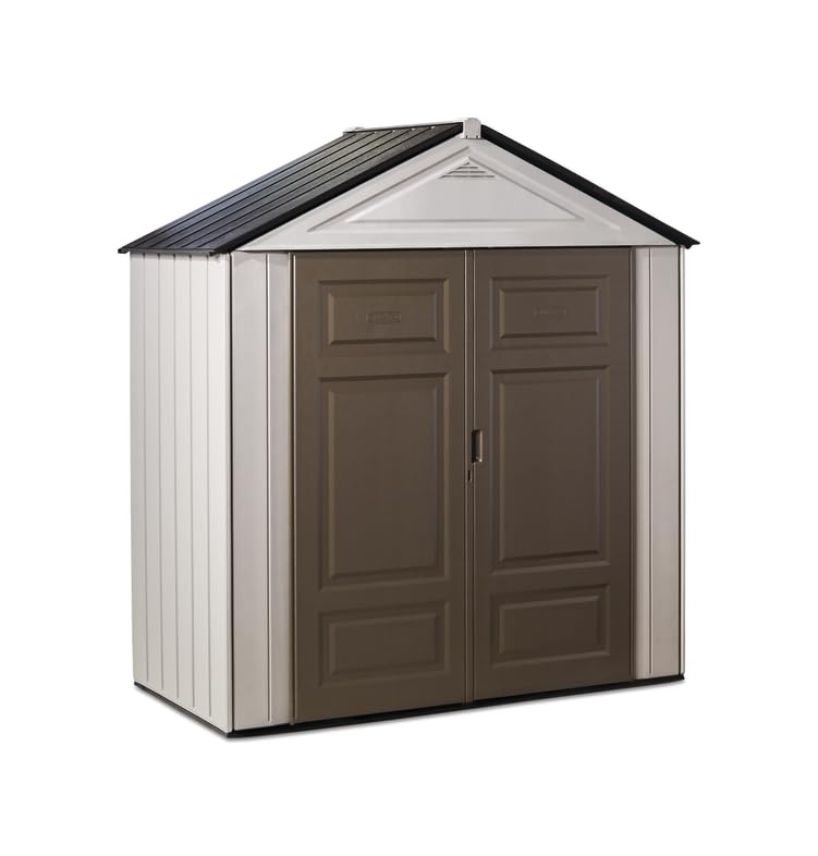 Rubbermaid Large Resin Outdoor Storage Shed, 7 x 3.5 ft., Gray and Brown, with Space-Saving Profile for Home/Garden/Pool/Back-Yard/Lawn Equipment