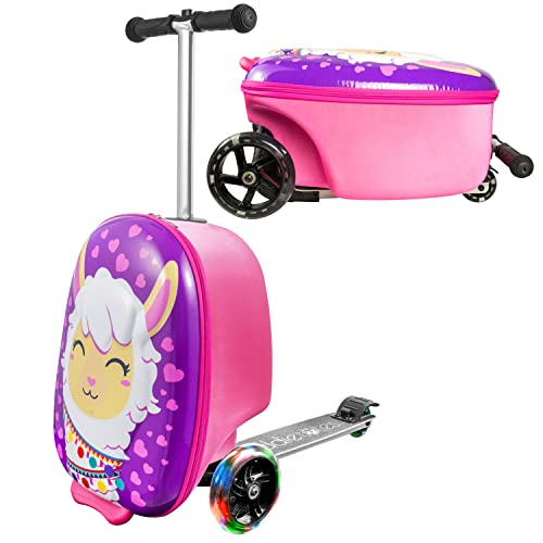 KIDDIETOTES 3-D Hardshell Ride On Suitcase Scooter for Kids - Cute Lightweight Kids Luggage with Wheels - Fun LED Lights