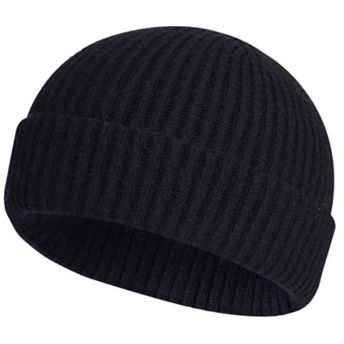ROYBENS Swag Wool Knit Cuff Short Fisherman Beanie for Men Women, Winter Warm Hats, Black