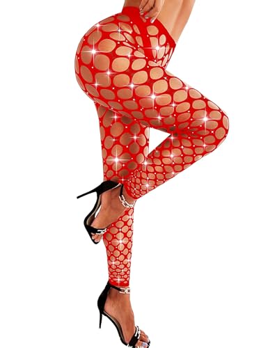 RSLOVE Women's Sparkle Rhinestone Fishnets Sexy Tights High Waist Stockings Pantyhose Leggings Lingerie Pants Red
