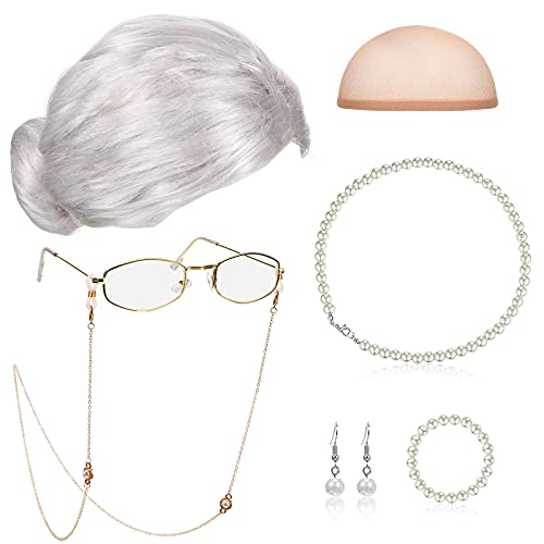 Gejoy Old Lady Cosplay Set Granny Wig Cap Glasses Chain Cords Faux Pearl Bead Necklace (White Bun Wig)