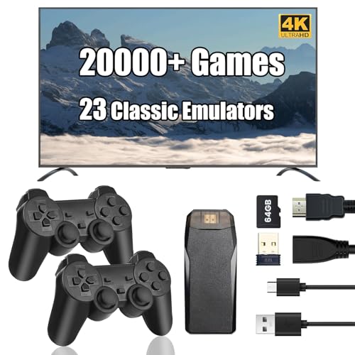 WAOYER Retro Game Console Stick, Wireless Retro Video Game Console Stick with 23 Emulators,4K HDMI Output with 2 Dual 2.4G Wireless Controller（64GB Memory Card）