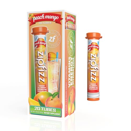 Zipfizz Energy Drink Mix, Electrolyte Hydration Powder with B12 and Multi Vitamin, Peach Mango (20 Count)