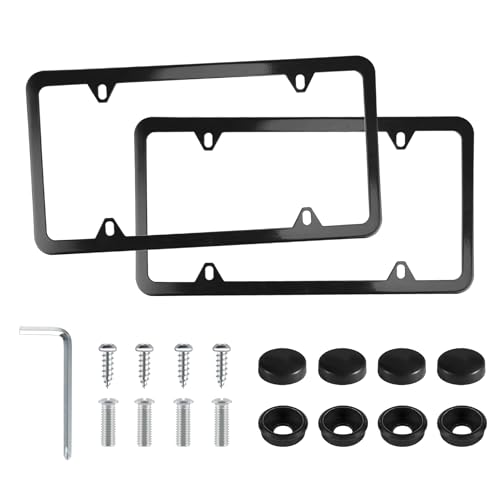 LivTee 4 Holes Stainless Steel License Plate Frames, 2 PCS Car Licence Plate Covers, Automotive Exterior Accessories Slim Design with Bolts Washer Caps for US Vehicles, Black
