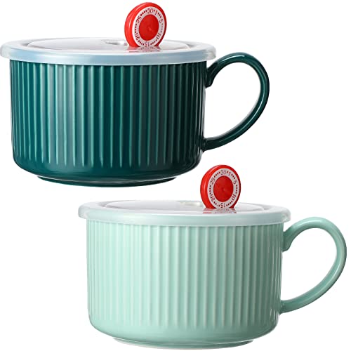 2 Pieces Ceramic Soup Bowls with Handles 30 oz Microwave Safe Bowl with Lid Microwavable Soup Mug with Lid Large Soup Cups for Ramen Noodle Cereal (Blue, Dark Green)