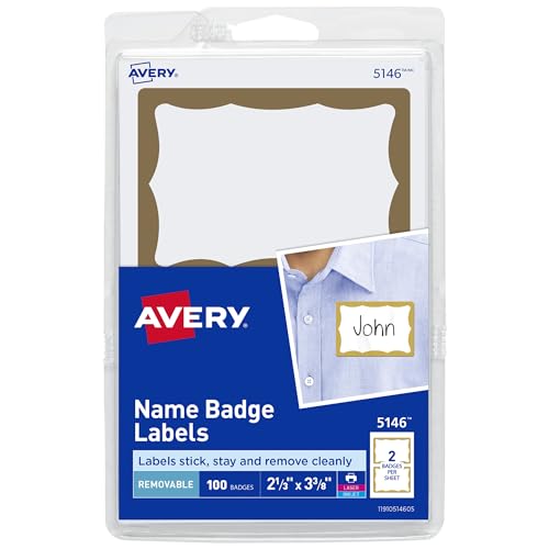 Avery Customizable Name Tags, 2-1/3' x 3-3/8', White with Gold Border, 100 Removable Name Badges (05146)