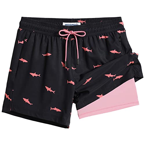 maamgic Mens Swim Trunks with Compression Liner 5' Stretch Beach Shorts Quick Dry with Zipper Pockets No-Chafing Board Shorts Black-Pink Shark M