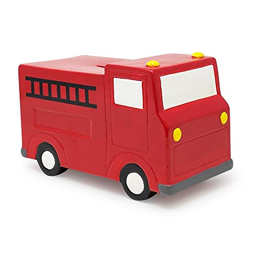 Isaac Jacobs Ceramic Red Fire Truck Coin Bank, Vehicle Money Bank Home Décor, Piggy Bank Gift for Kids, Teens, and Adults (Red Fire Truck)