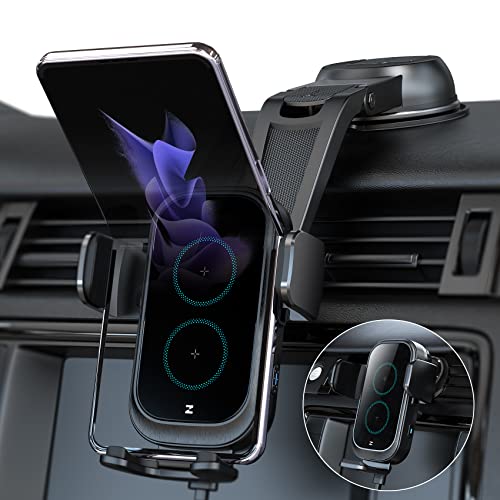 Wireless Car Charger, ZEEHOO DUOXX Dual Coils 15W Fast Charging Auto-Clamping Car Mount, Dash& Vent Wireless Car Phone Charger Holder for iPhone 15 14 13 12, Samsung Z Flip 4 3, S23+, etc