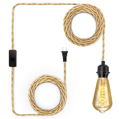 LYOOWNG Plug in Pendant Light Cord, Farmhouse Hanging Lights with Plug in Cord, 15FT Hemp Rope Plug in Hanging Light Cord Kit with On/Off Switch, E26 E27 Light Socket Cord for Hanging Light