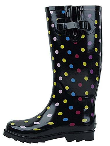 G4U Women's Rain Boots Multiple Styles Color Mid Calf Wellies Buckle Fashion Rubber Knee High Snow Shoes (8 B(M) US, Colors Dots)