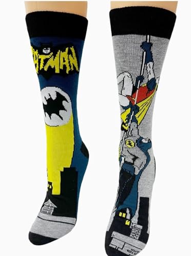 Warner Bros 1966 Batman Classic TV Series 2 pack Men's Dress Crew Socks. 2 pair – The Bat Signal over Gotham City & Batman and Robin Climbing the Side of a Building- Men’s Shoe Size 6-12 (TG11506)