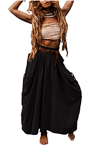 Thaluta Women's Maxi Boho Skirt with Pockets Bohemian Organic Cotton Hippie Gypsy Black
