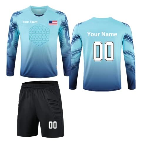 Custom Goalie Jersey Soccer for Adult/Kids Goalkeeper Jersey Personalized Long Sleeve and Pants with Name Team Logo (Blue Short)
