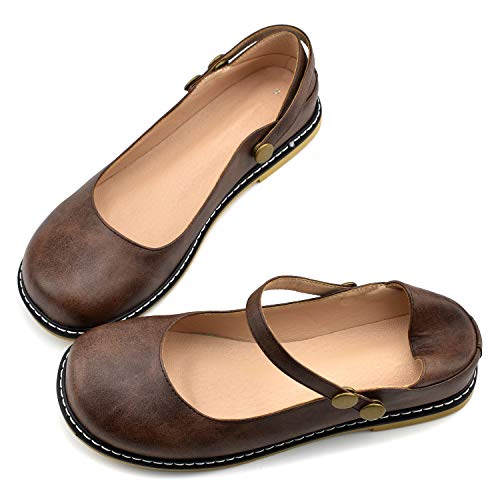 100FIXEO Women Buckle Ankle Strap Mary Jane Flat Shoes (8, Dark Brown)