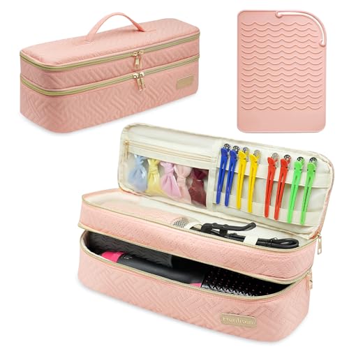 Double-layer Hair Tools Travel Bag and Heat Resistant Mat for Revlon One-Step Hair Dryer, Volumizer, Styler, Flat Irons, Straighteners, Curling Iron, and Haircare Accessories (Pink)