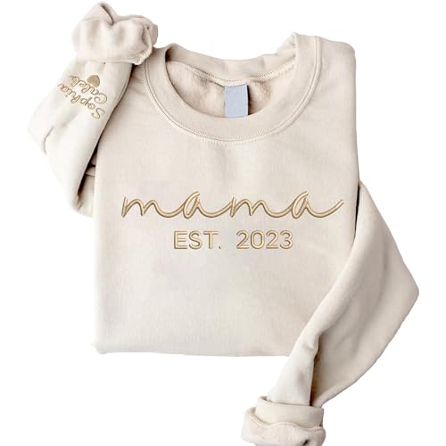 Givesmiles Custom Embroidered Mama Sweatshirt and Hoodie, Mama Est 2023 Sweatshirt, Custom Embroidered Sweatshirt for Mom, Embroidered Custom Name Mom On Sleeve, Christmas Hoodie, Gift for Mom
