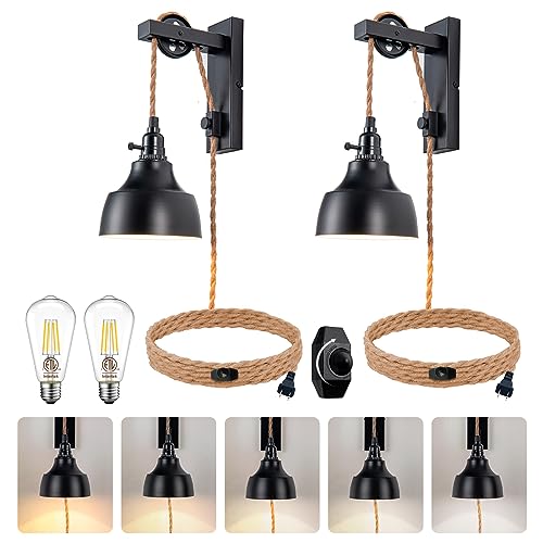 ALAISLYC 8FT Dimmable Plug in Wall Sconces Pulley Wall Lamps Vintage Hanging Light Fixture Wall Lights with Plug in Cord On/Off Switch Set of Two Black Wall Lamp for Bedroom, Living Room and Hotel