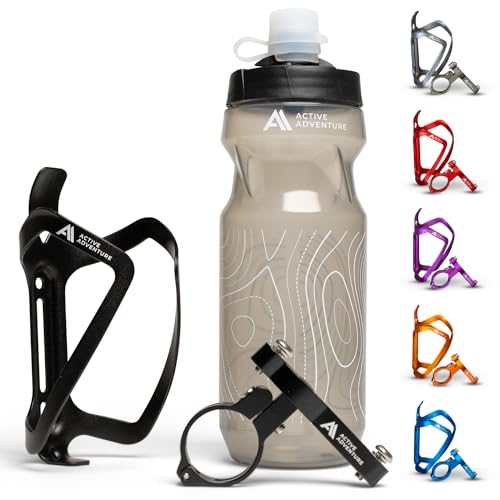 Bike Water Bottle Holder Combo - 20 Oz Squeeze Bottle & Bicycle Mount Cage Rack, No Screws Needed, Durable Alloy - Fits All Handlebar Bikes & MTB Mountain Road - for Adults, Kids (Black)