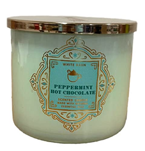 Bath and Body Works White Barn Peppermint Hot Chocolate 3 Wick Candle 14.5 Ounce Teal Green with Gold Markings on the Label