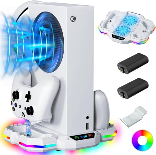 RGB Cooling Stand & Controller Charging Station for Xbox Series S with 13 LED Light Mode, ZAONOOL Dual Charger Dock & Cooler Fan with 2 Rechargeable Battery and Headphone Holder for Xbox S Accessories