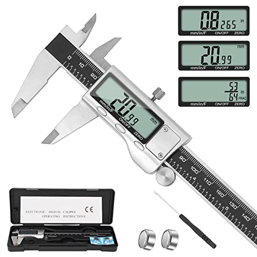 Digital Caliper Measuring Tool, 6 Inch Caliper Tool with Large LCD Screen, Easy Switch from Inch Millimeter Fraction, Stainless Steel Vernier Caliper Digital Micrometer for DIY/Household