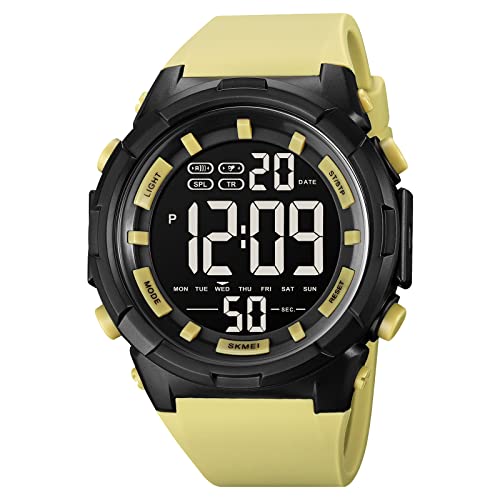 XCZAP Large Dial Stopwatch Mens Watches LED Light Digital Wristwatches 5Bar Waterproof Countdown Clock (Z-Yellow)