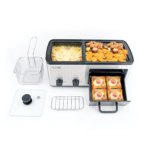 Newest 4 in 1 Breakfast Maker Station With Grill, Toast Drawer and Frying Basket, Removable Nonstick Plates, Independent Dual Temperature Control, Essential for Breakfast Burgers Eggs, Silver