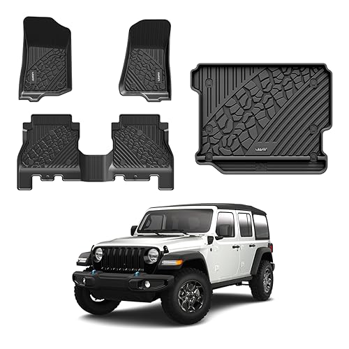 LASFIT Floor Mats & Cargo Mats Fit for 2018-2024 Jeep Wrangler JL Unlimited 4 Door Without Subwoofer Only (Not Fit for JK or 4XE), TPE All Weather Car Liners, Custom Fit Full Set Car Mats, Black