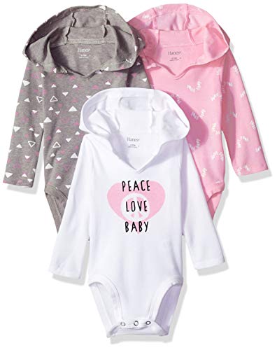 Hanes, Ultimate Flexy Hoodie Long Sleeve Bodysuit, Babies and Toddlers, 3-Pack, Pink/Grey Shades, 0-6 Months