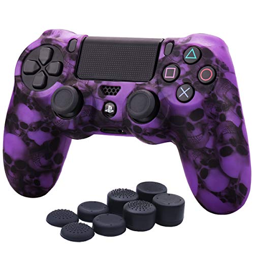 YoRHa Water Transfer Printing Skull Silicone Cover Skin Case for Sony PS4/slim/Pro Dualshock 4 Controller x 1(Purple) with Pro Thumb Grips x 8