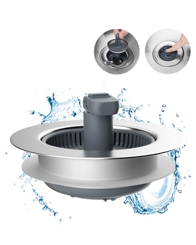 Hibbent 3 in 1 Kitchen Sink Drain Strainer and Stopper Combo, Chrome Stainless Steel Wraped Shell, Anti-Clogging Basket Strainer with Foldable Handle for US Standard 3-1/2' Drain